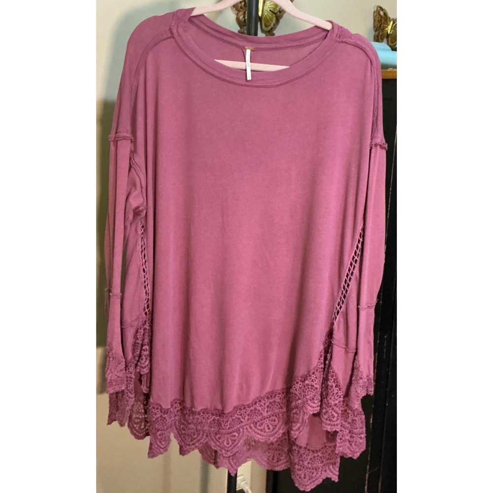 Free People Lace Trim Long Sleeve Tunic Top Plum Boho Oversized Medium